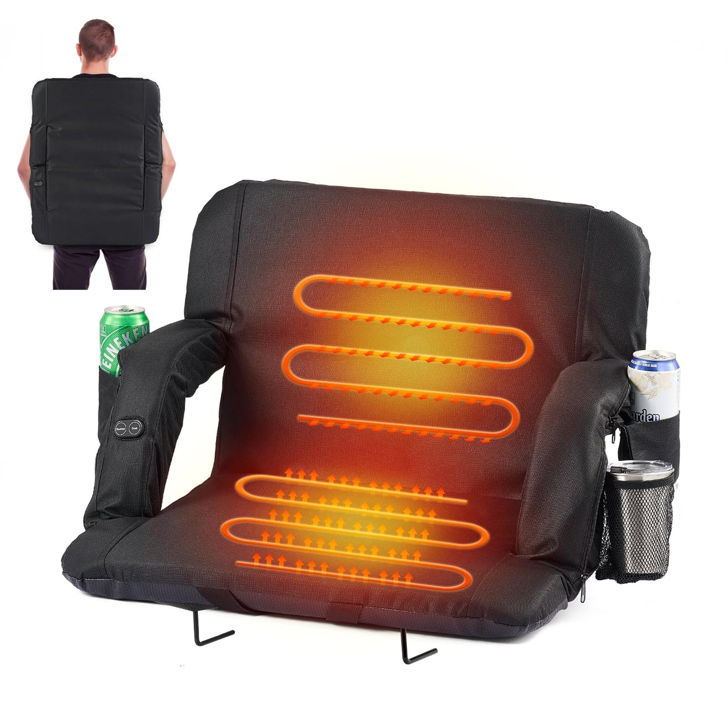 CozyGoo 21 Heated Stadium Seats for Bleachers with Back Support Folding Stadium Seat Bleacher Chair with 3 Level Heating 6 Reclining Positions 5 Pockets for Outdoor Sports Events 1PC